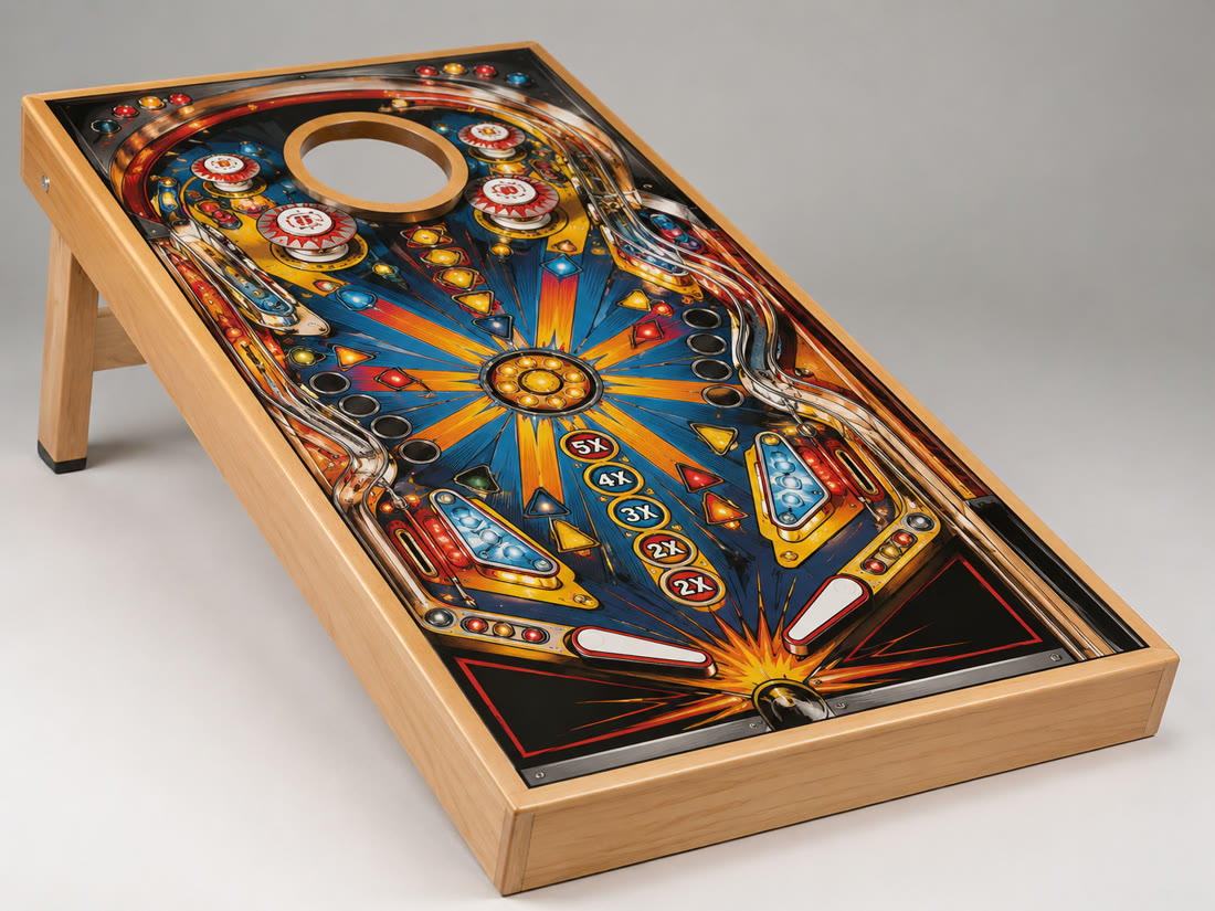 Pinball design cornhole board